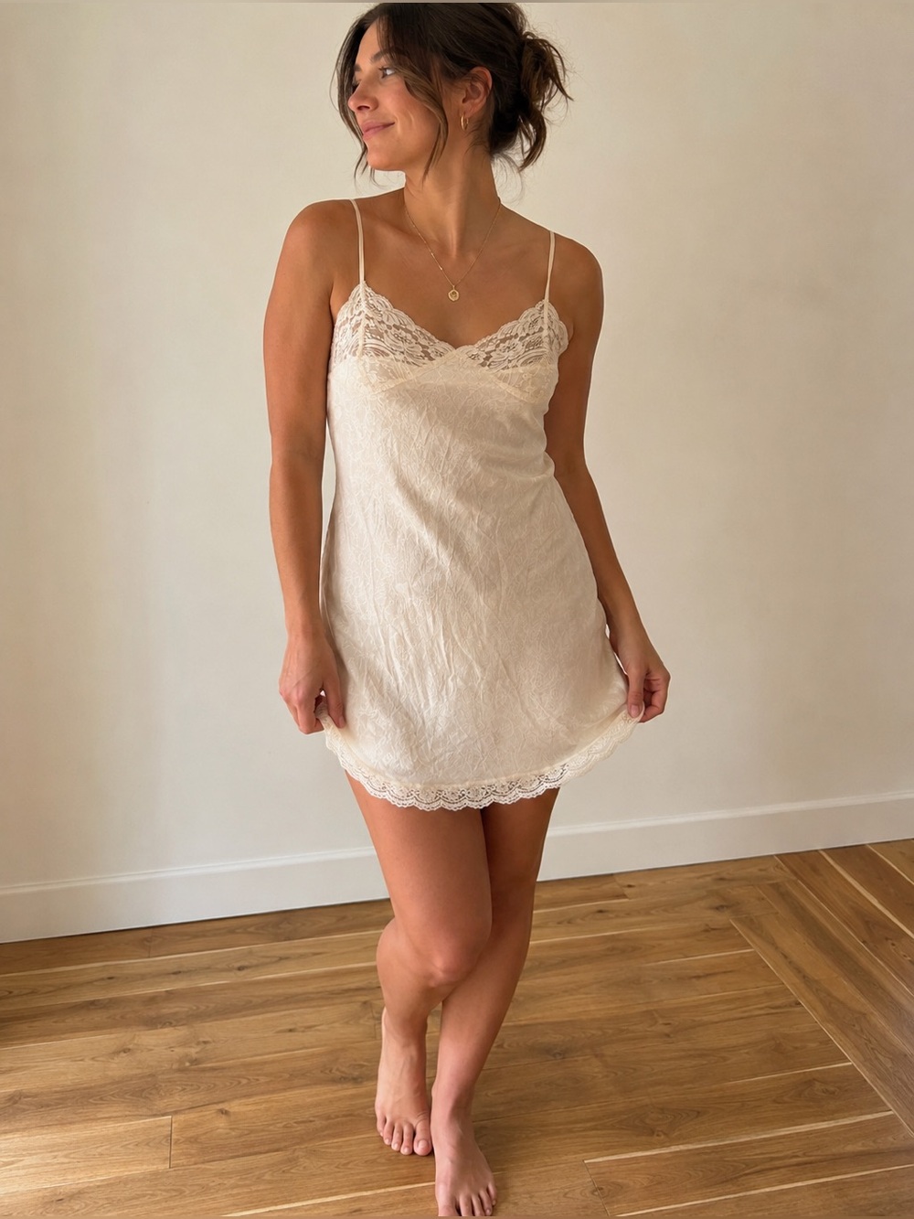 Vintage Lace-Trim Slip Chemise in Cream - August Silk intimates. Medium.